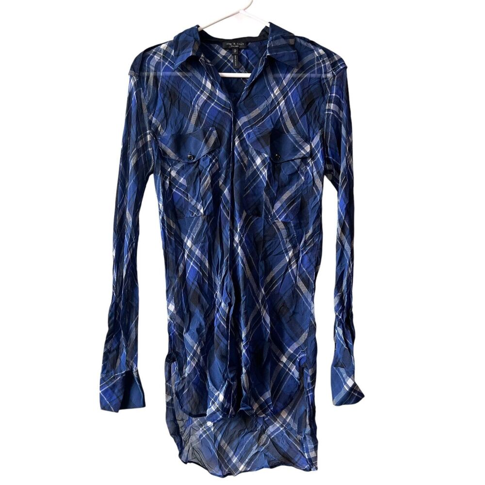 Rag & Bone Silk Plaid Button Up Long Sleeve Top Blouse Womens Size S Blue Sheer - Picture 1 of 11
